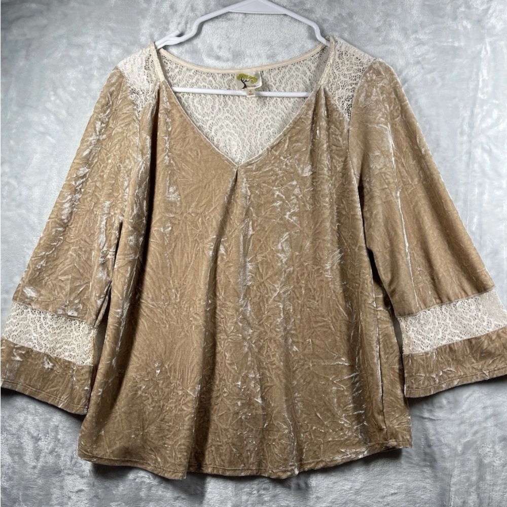 Anthropology Fig and Flower Beige-gold Velour and Lace V-neck Pullover